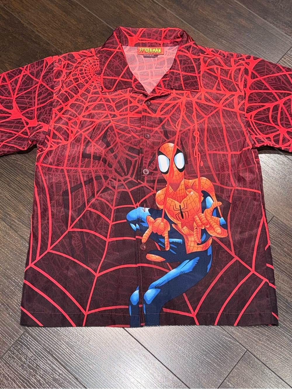 Vintage 2003 Spider-Man Button Up Youth Size L All Over Print Button Missing